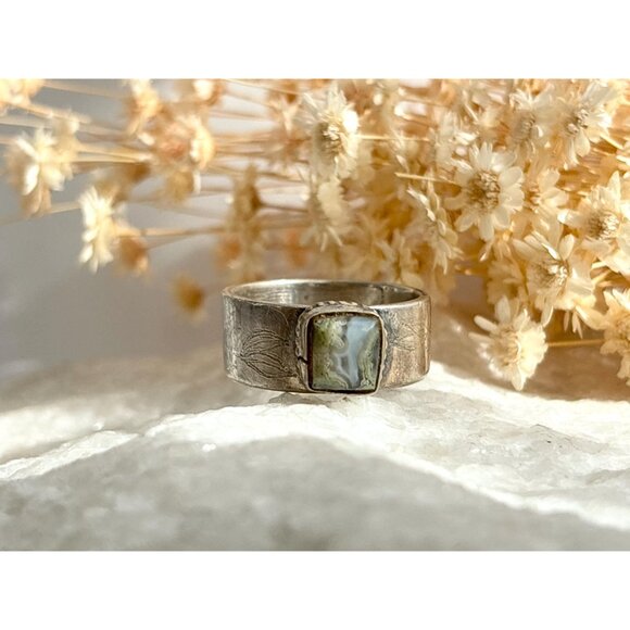 Jasper Gemstone Straight Banded Carved Pewter Statement Vintage Ring - sz 11 - Picture 11 of 13